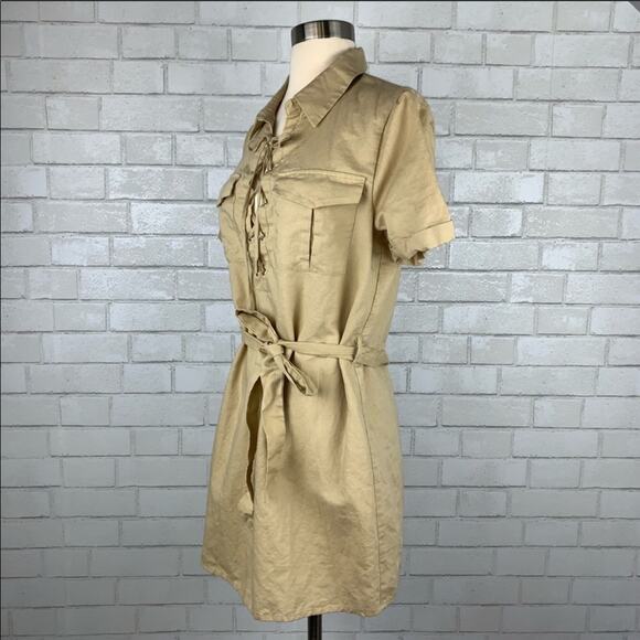 L'ACADEMIE REVOLVE Khaki Tan Cream Safari Lace-Up Short Sleeve Tie Dress Small - Picture 7 of 8
